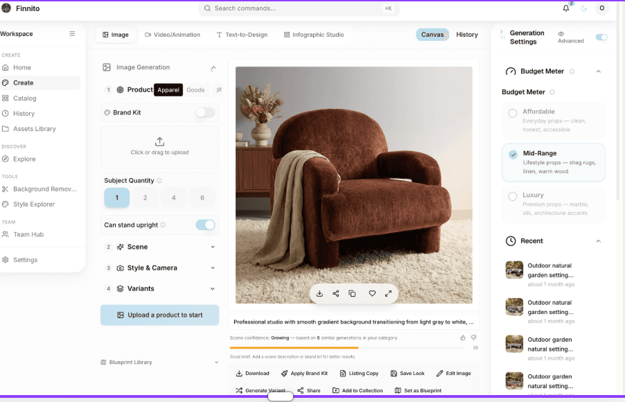 Vision Studio's AI product photography interface, generating a studio scene for an armchair