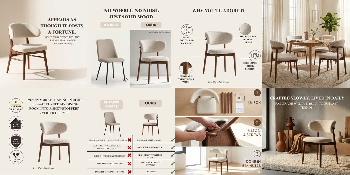 A real nine-image Listing Pack example generated by Vision Studio, showing a dining chair across hero, lifestyle, comparison, trust, how-to, and brand-story shots