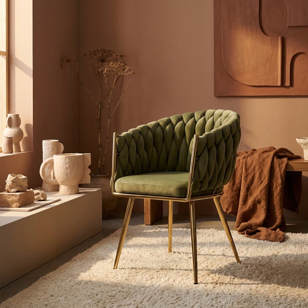 The same green braided velvet armchair composited into a warm terracotta-toned editorial interior