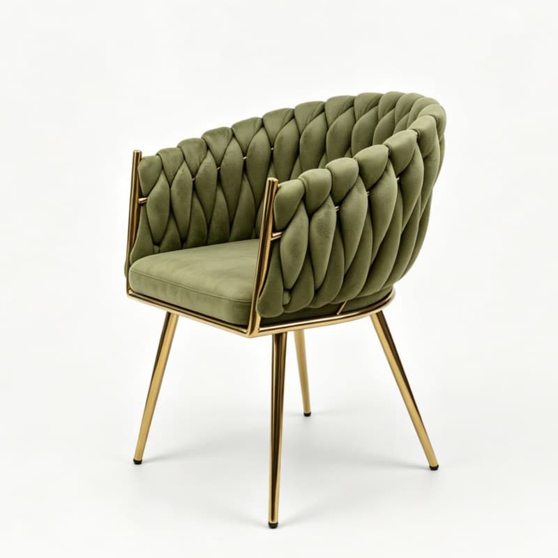Supplier catalogue photo of a green braided velvet armchair with gold legs on a white background